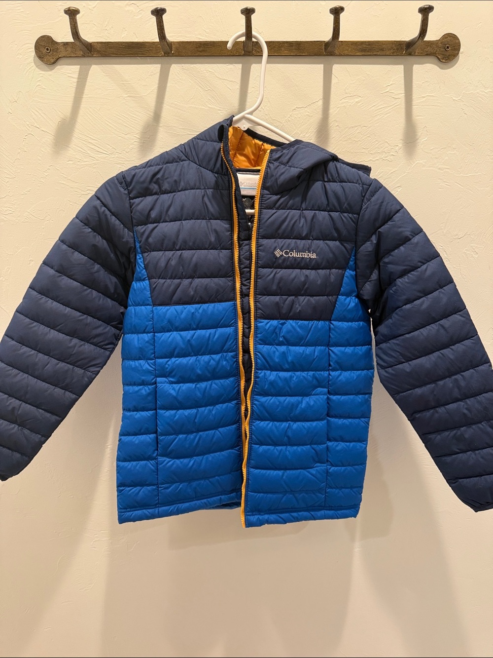Columbia Kids Navy and Bright Blue Hooded Puffer Jacket with Yellow Trim